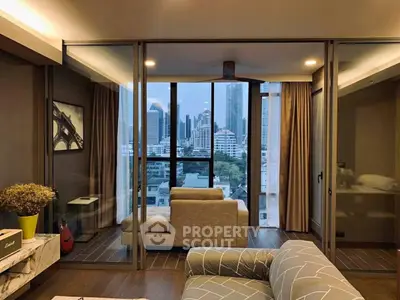 Modern living room with stunning city view and stylish decor