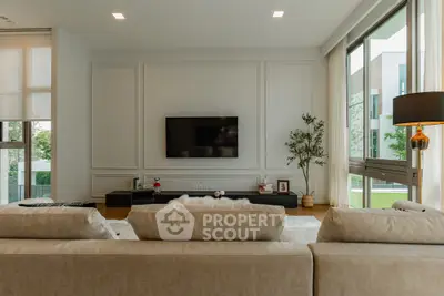 Luxurious modern living room with large windows and elegant decor