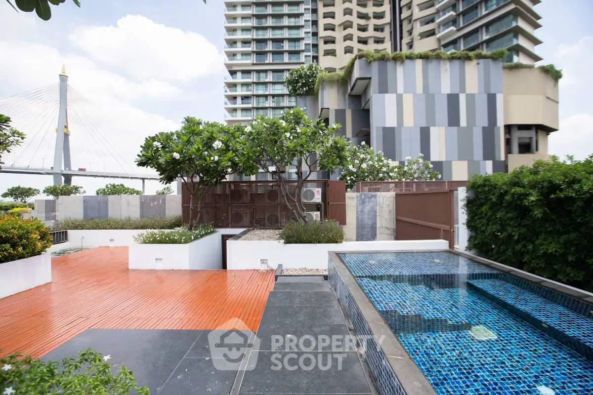 Luxurious rooftop garden with modern pool and stunning city views