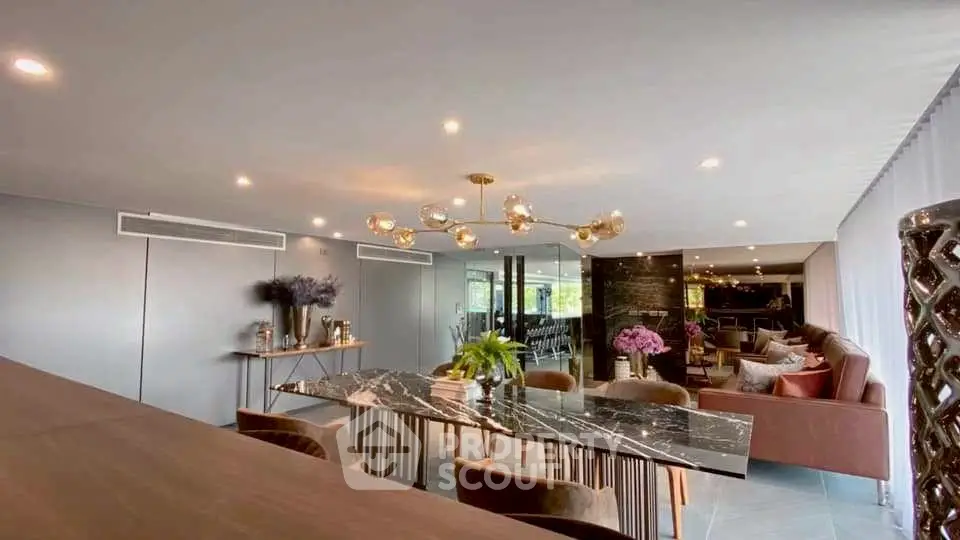 Luxurious modern living room with elegant dining area and stylish decor