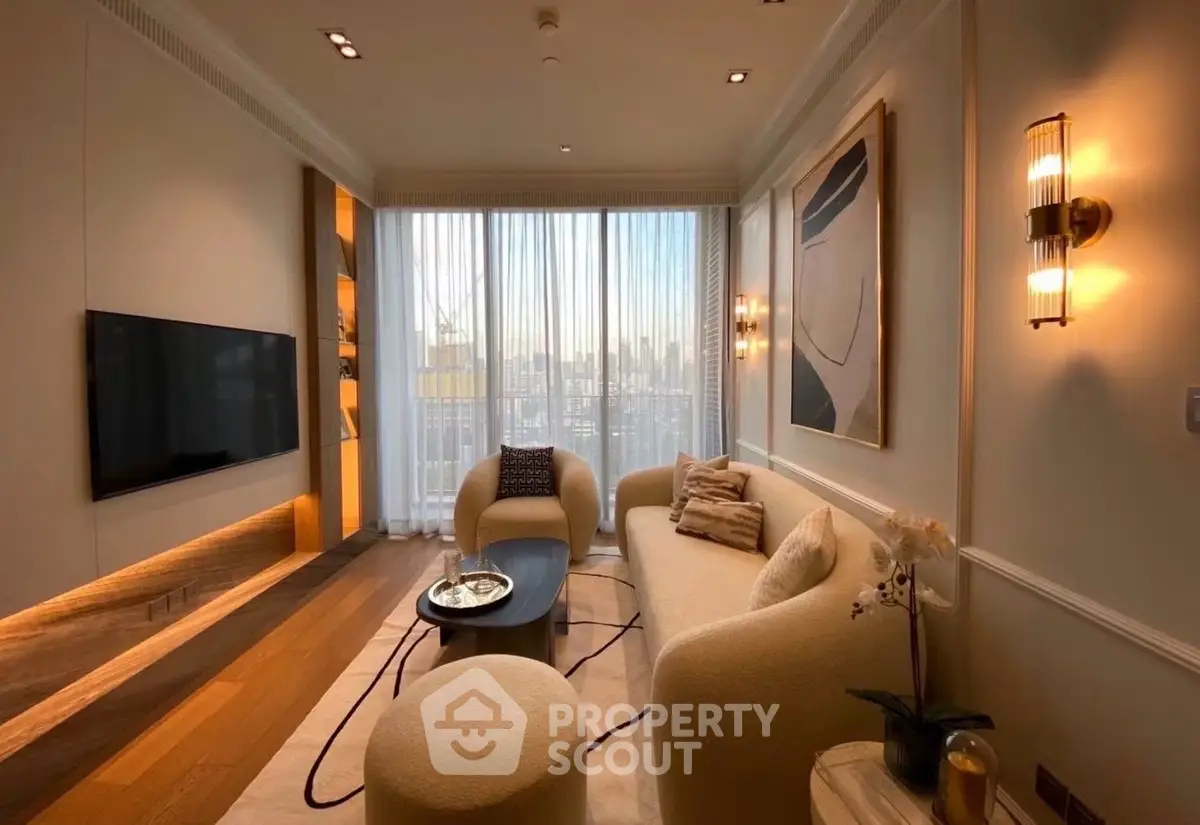 Elegant living room with modern decor and city view through large windows