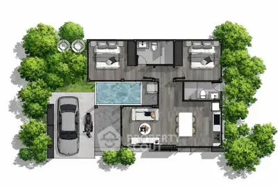 Modern architectural floor plan with two bedrooms, open living area, and pool, surrounded by lush greenery.