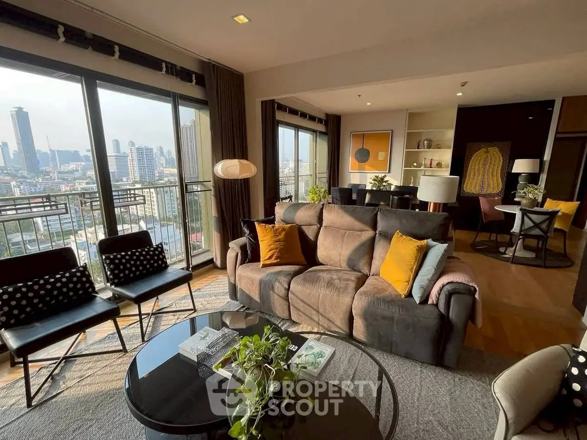 Luxurious living room with panoramic city view and modern decor