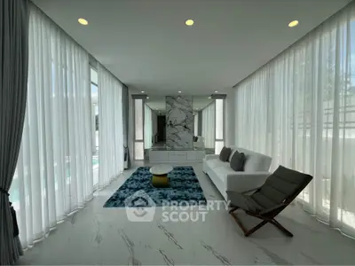 Luxurious modern living room with floor-to-ceiling windows and elegant marble accents.
