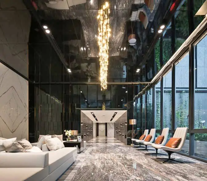 Luxurious modern living room with marble flooring and elegant lighting