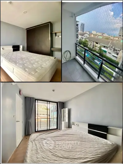 Spacious modern bedrooms with balcony offering city views in a stylish apartment.