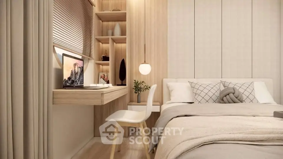 Modern bedroom with built-in desk and cozy decor