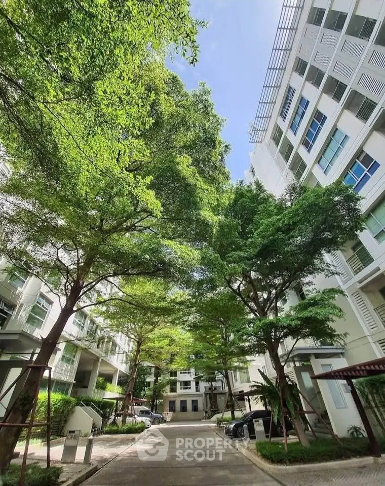Modern residential building with lush green courtyard and tall trees, offering serene urban living.