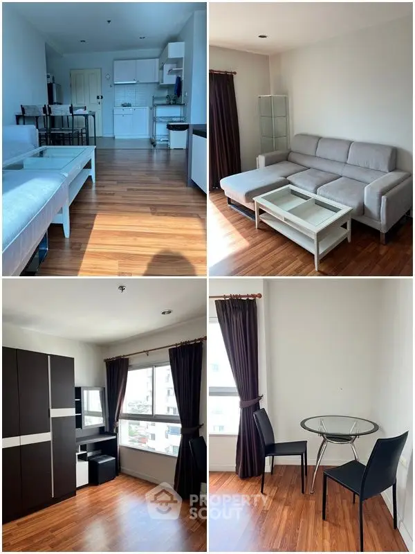 Modern apartment interior with stylish living room and dining area, featuring hardwood floors and natural light.