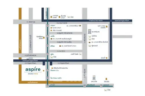 Map showing location of Aspire Rama 9 with nearby amenities and transportation routes.