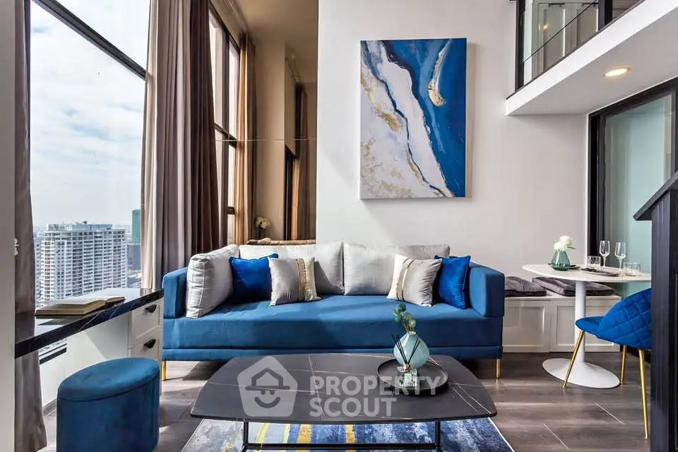 Luxurious modern living room with stunning city view and elegant decor