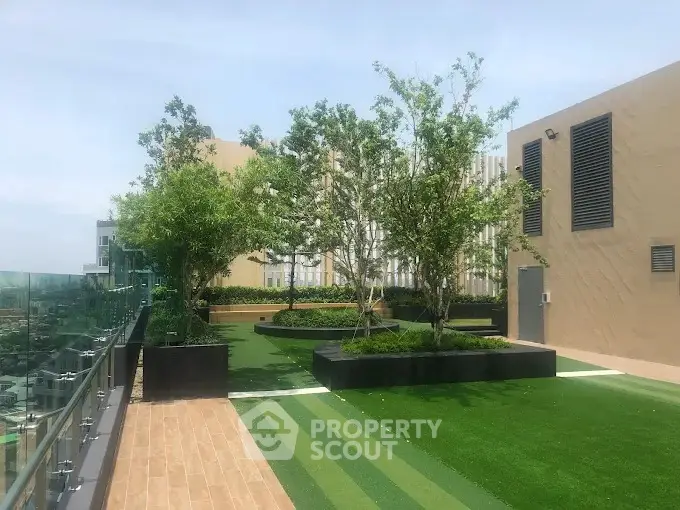 Luxurious rooftop garden with modern design and lush greenery