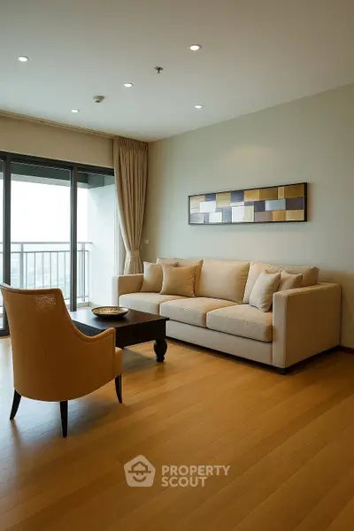 Elegant living room with modern furniture and large windows leading to a balcony with a view.