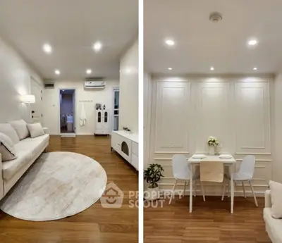 Modern living and dining area with elegant decor and wooden flooring