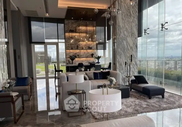 Luxurious living room with panoramic city view and modern decor