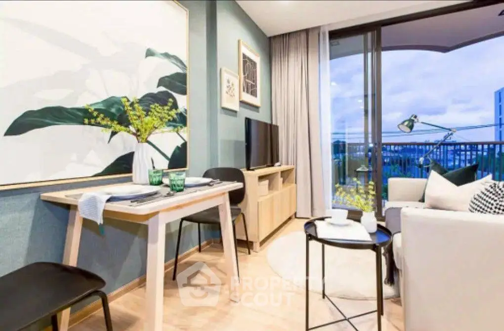 Modern living room with stylish decor and balcony view