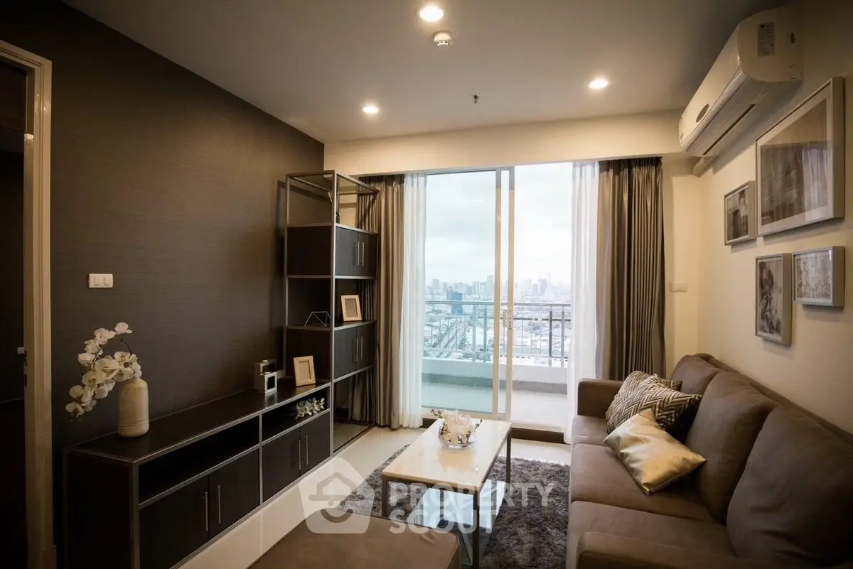 Modern living room with city view and stylish decor
