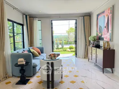 Elegant living room with garden view, stylish decor, and modern furniture