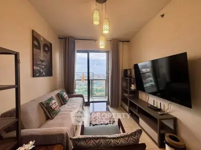 Cozy living room with modern decor and city view balcony access.