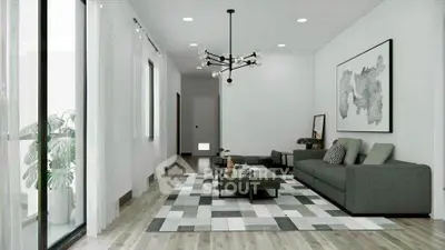 Modern living room with stylish decor and large windows for natural light.