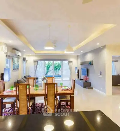 Spacious modern living room with elegant dining area and stylish decor