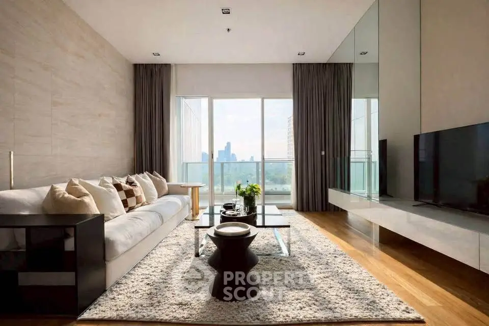 Luxurious modern living room with city view, elegant decor, and floor-to-ceiling windows.