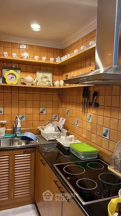 Charming kitchen with vintage tiles and modern appliances, featuring a sleek electric stove and ample storage.