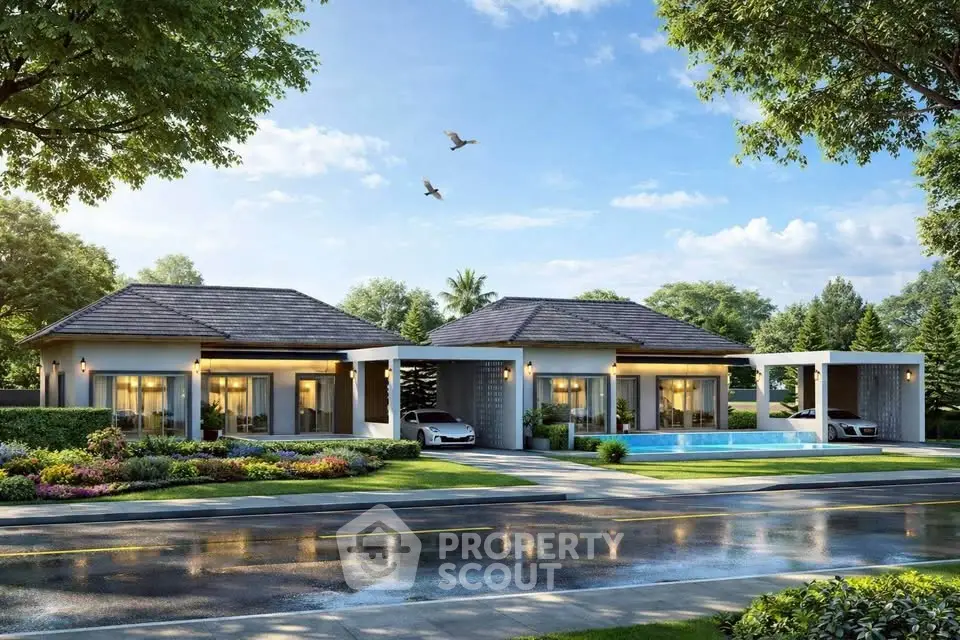 Luxurious modern villa with pool and lush garden in serene neighborhood