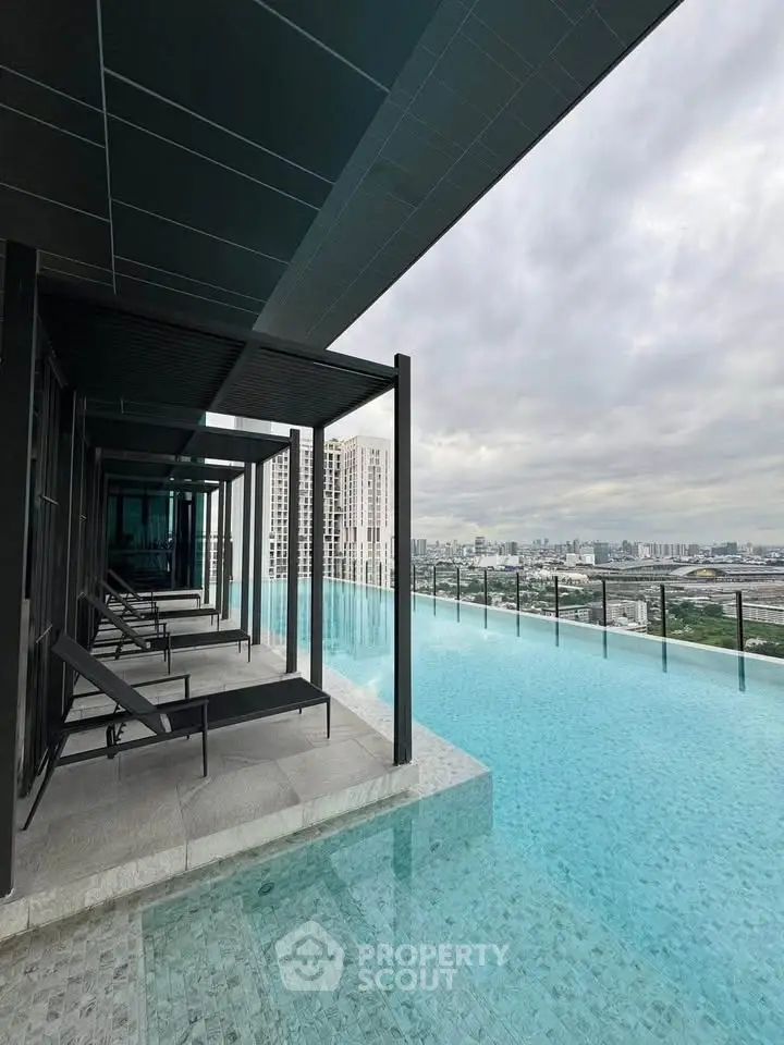 Luxurious rooftop infinity pool with stunning city skyline views in modern high-rise building.