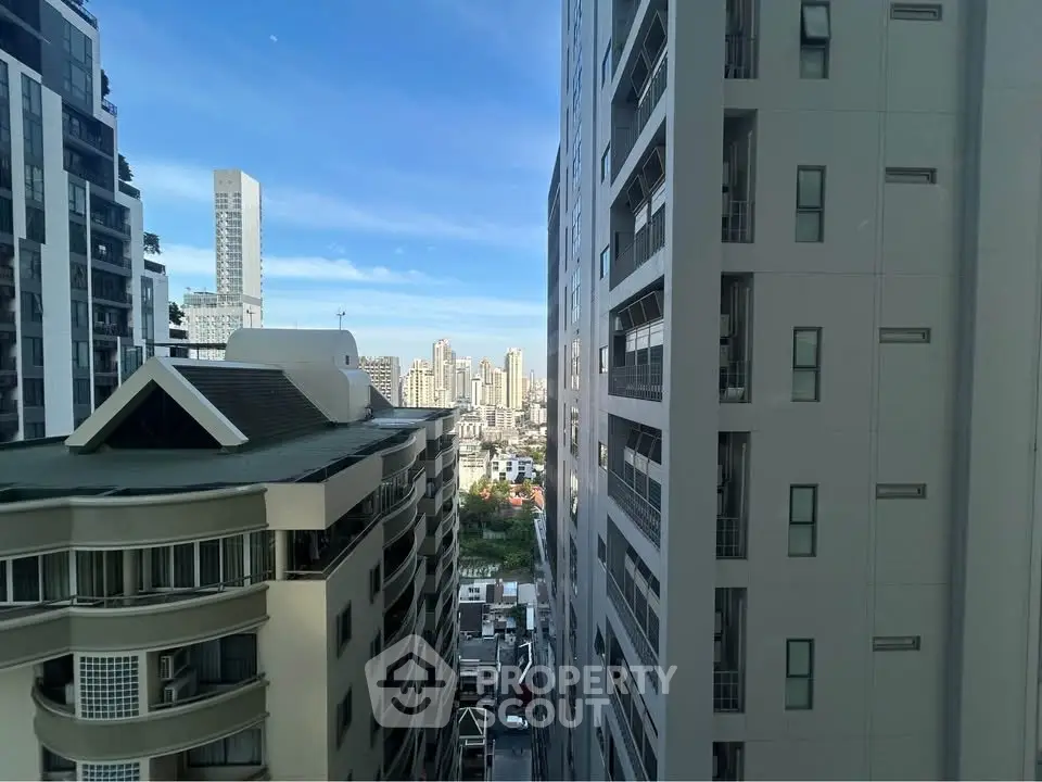 Stunning cityscape view between modern high-rise buildings in urban setting.