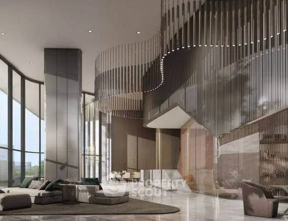 Luxurious modern building entrance with elegant design and spacious seating area.