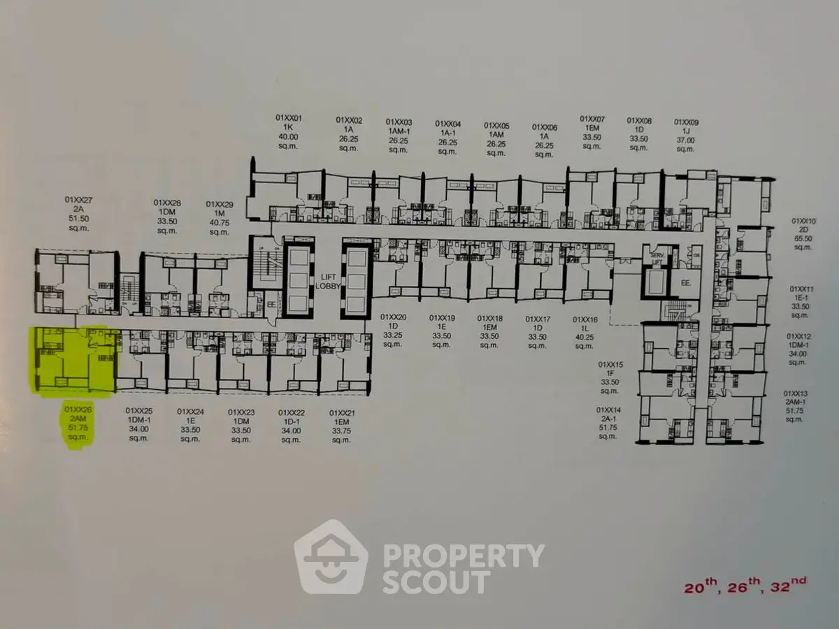 Detailed floor plan layout of a modern apartment building with highlighted unit.
