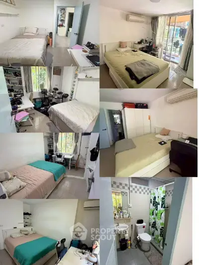 Spacious apartment with multiple bedrooms, modern decor, and a cozy bathroom, ideal for comfortable living.