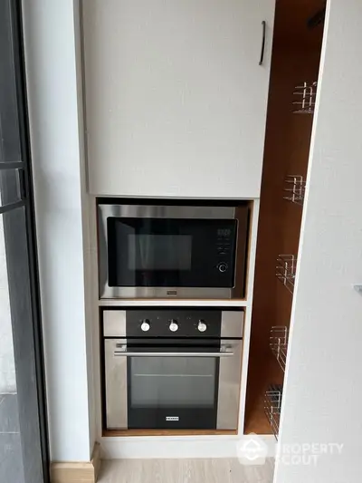 Modern kitchen with built-in microwave and oven in sleek cabinetry