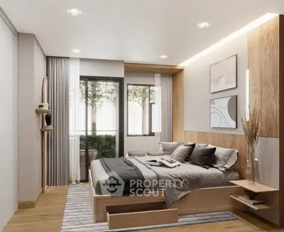 Modern bedroom with stylish decor and large window for natural light