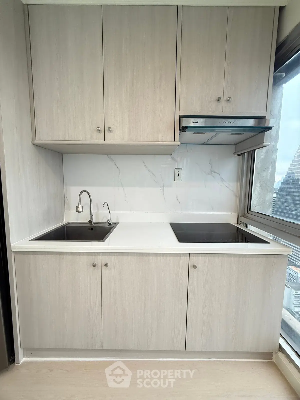 Modern kitchen with sleek cabinetry and city view, featuring dual sinks and electric stove.