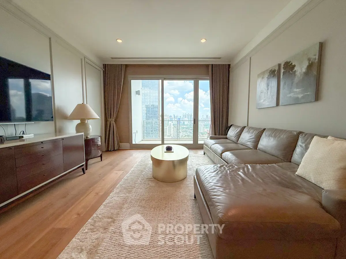 Luxurious living room with stunning city view, featuring elegant leather sofa and modern decor.