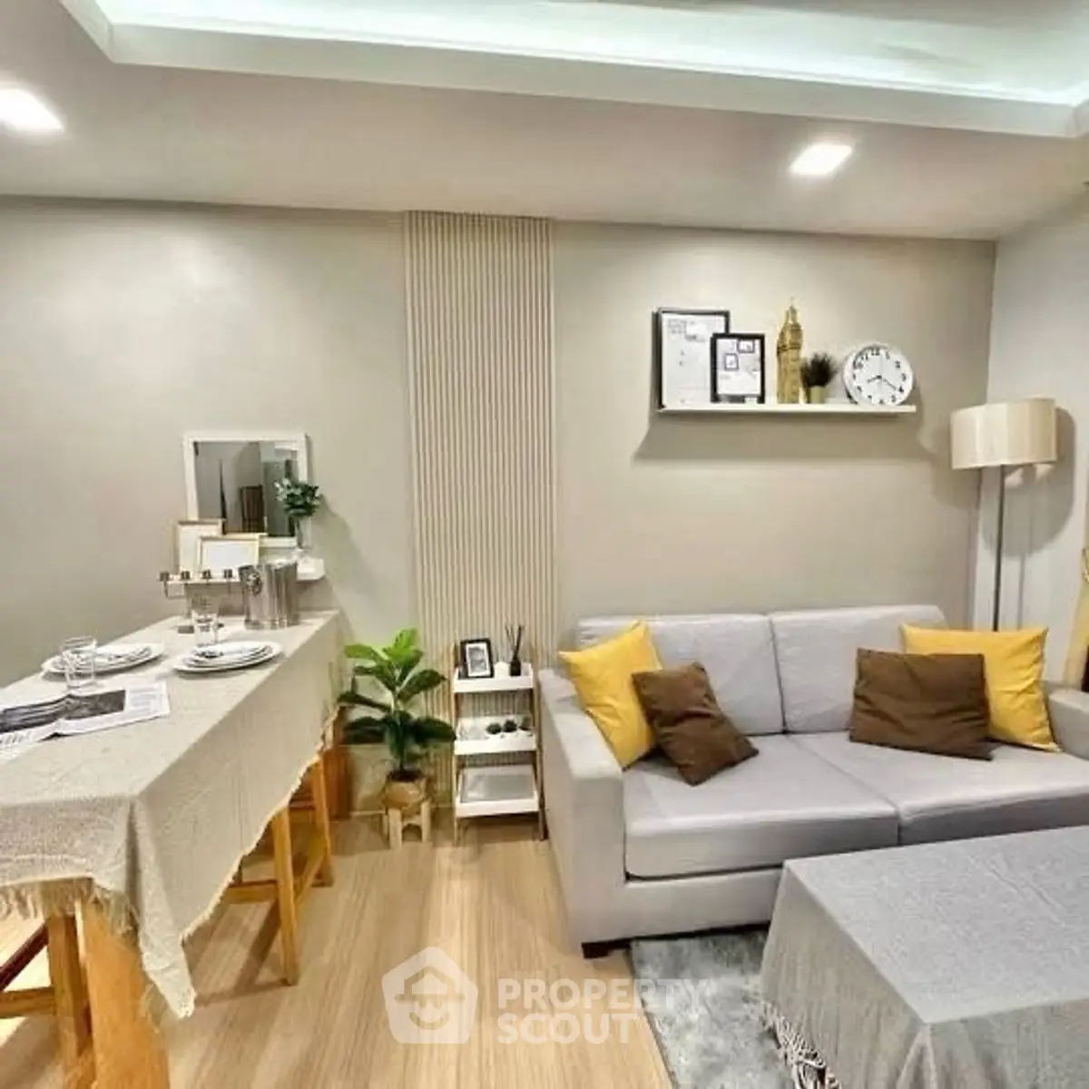 Modern living room with cozy sofa and stylish decor