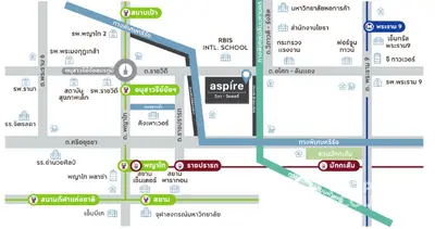 Map showing Aspire condo location near public transport and amenities in vibrant neighborhood.