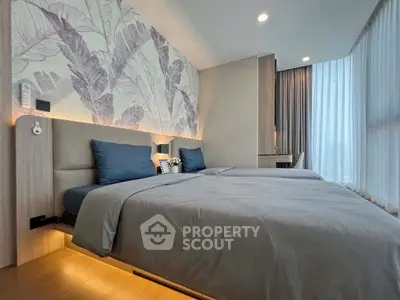 Luxurious modern bedroom with twin beds and elegant decor, featuring floor-to-ceiling windows and stylish lighting.