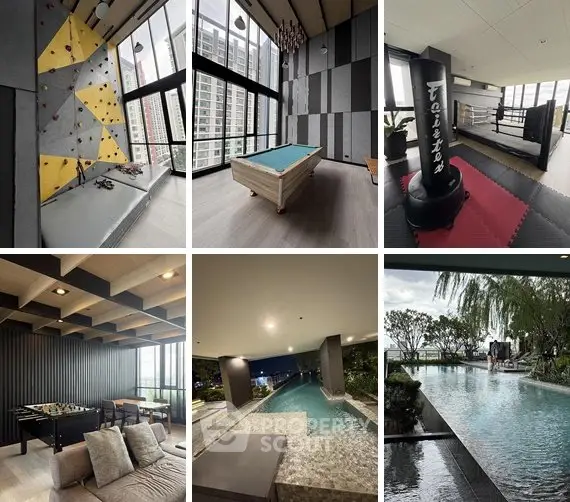 Luxurious condo amenities with pool, gym, and game room in modern high-rise building.