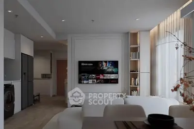Modern living room with sleek design, open layout, and wall-mounted TV in a stylish apartment.