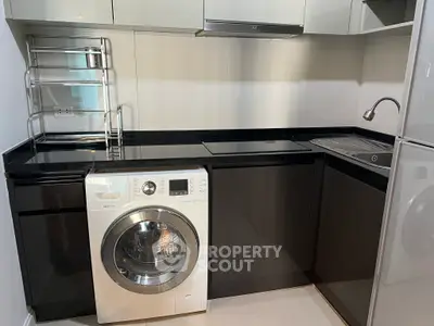 Modern kitchen with sleek black countertops and built-in washing machine.