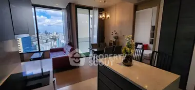 Luxurious open-plan living room with stunning city view and modern furnishings.