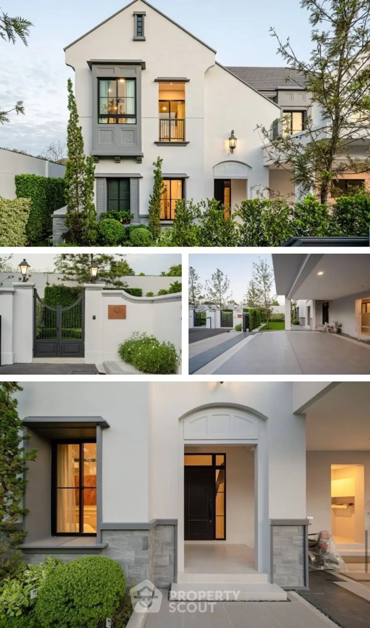 Elegant modern house exterior with lush landscaping and stylish architecture.