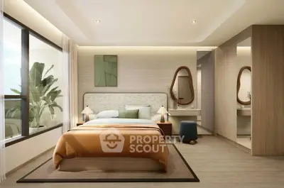Luxurious modern bedroom with large windows and elegant decor
