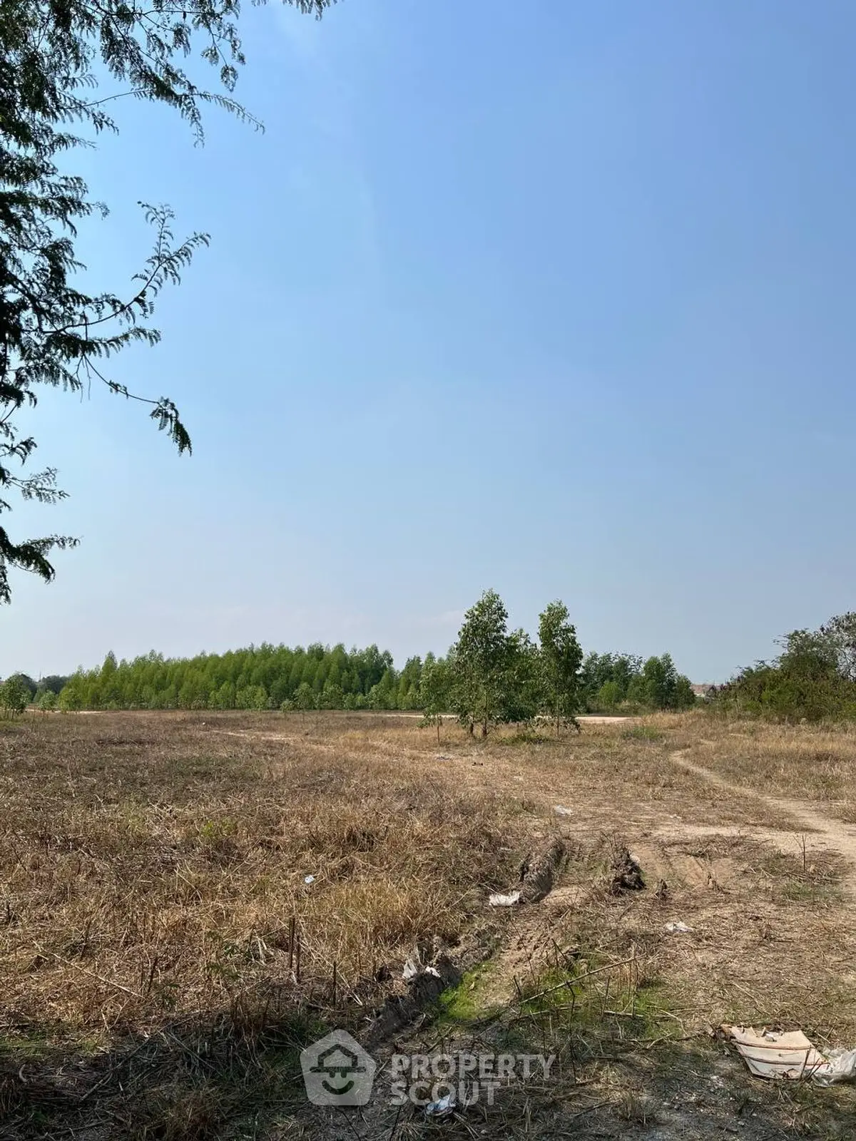 Expansive vacant land with clear blue sky, perfect for development opportunities.