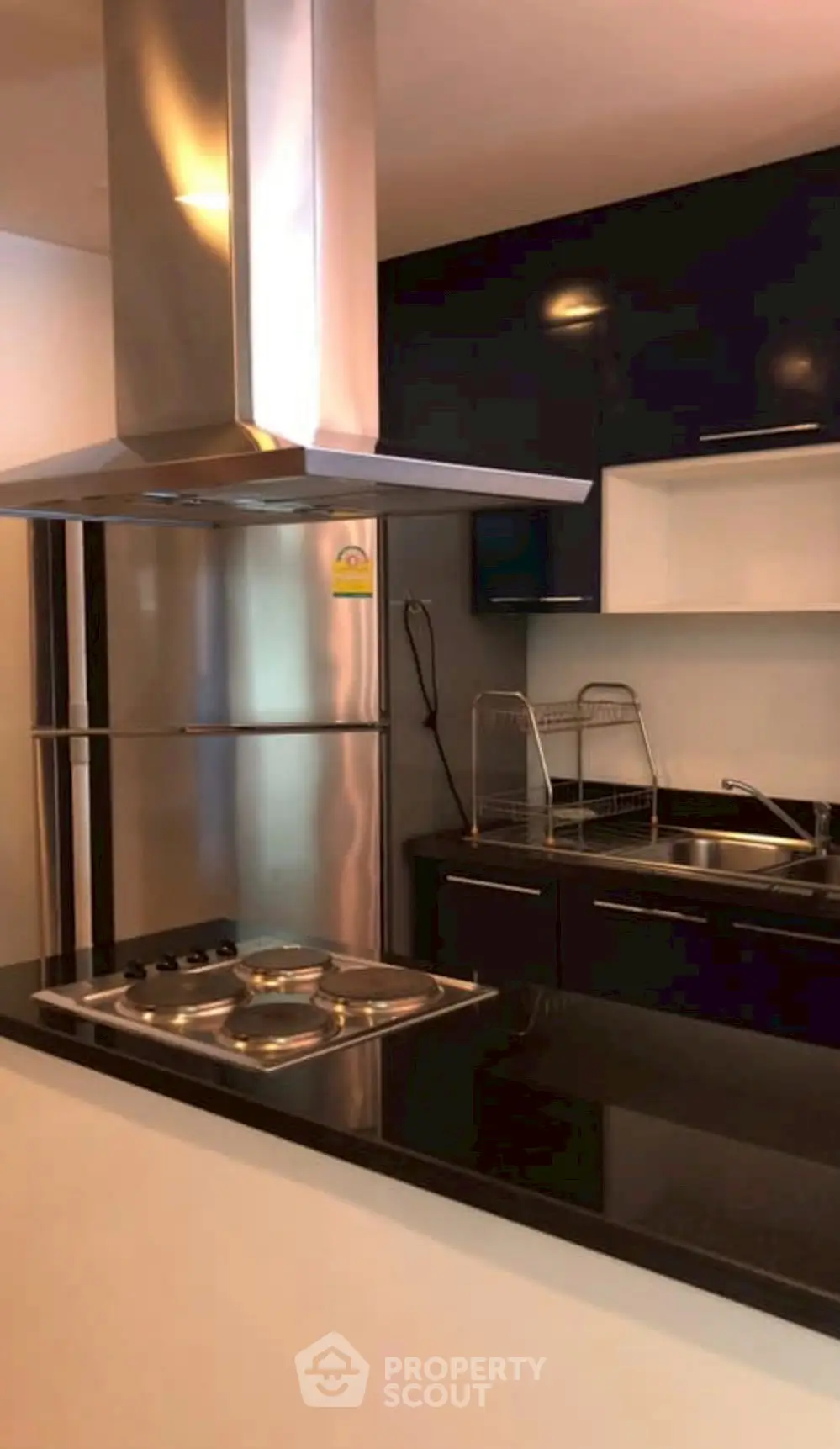 Modern kitchen with sleek black cabinetry and stainless steel appliances.