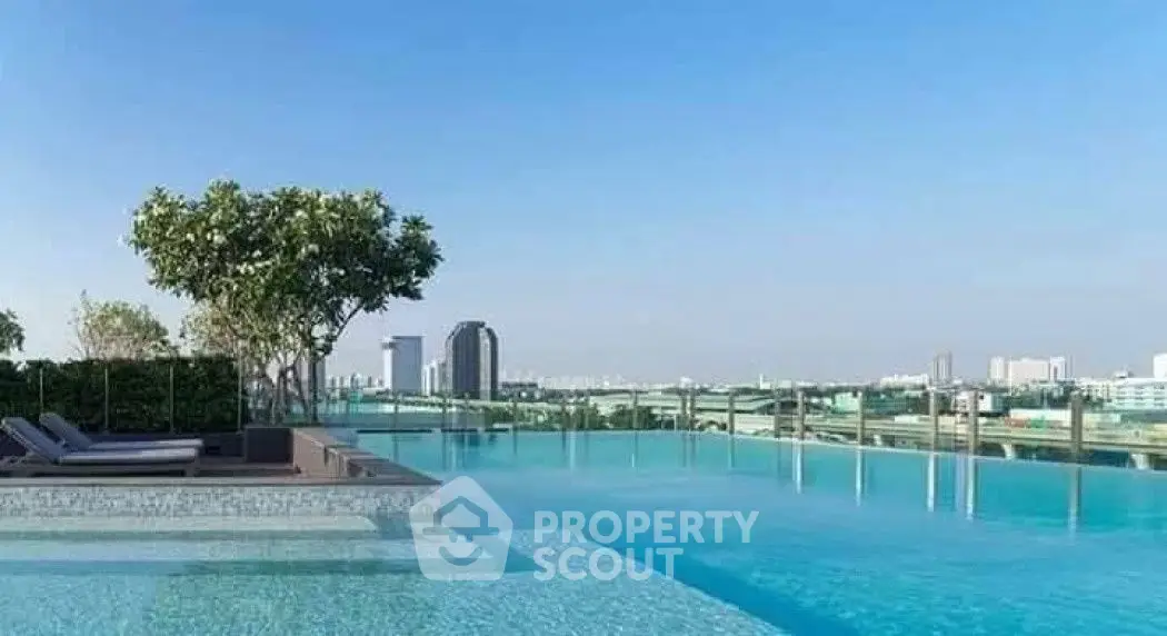 Luxurious rooftop pool with stunning cityscape views and modern lounging area.