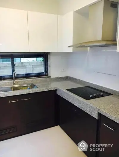 Modern kitchen with sleek countertops and electric stove in a stylish apartment